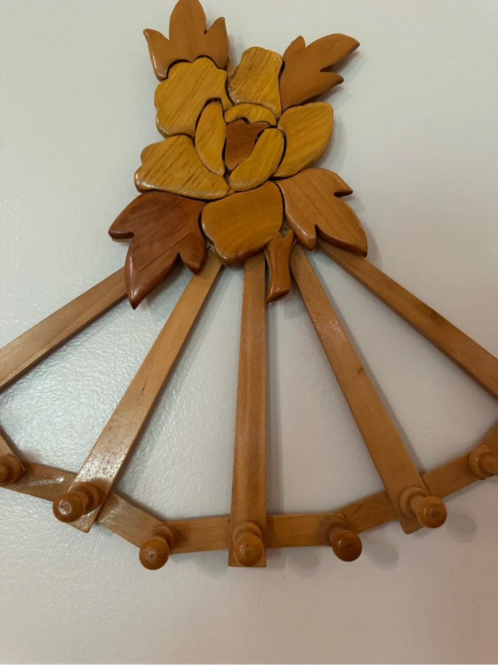Vintage Accordion Wooden Peg Floral Fan Wall Hook Coat Purse Rack